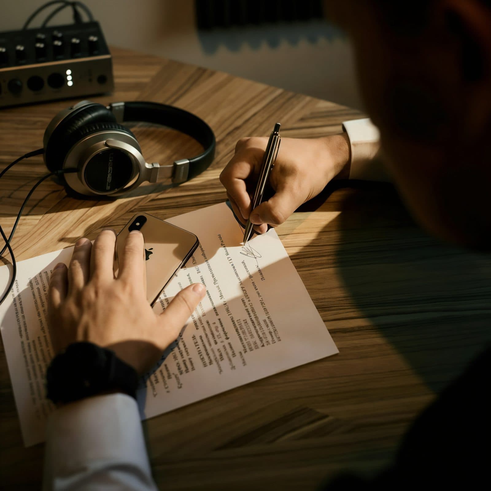 A producer signing a contract — headphones, audio interface, and iPhone on a wooden studio desk; the moment after a label says yes