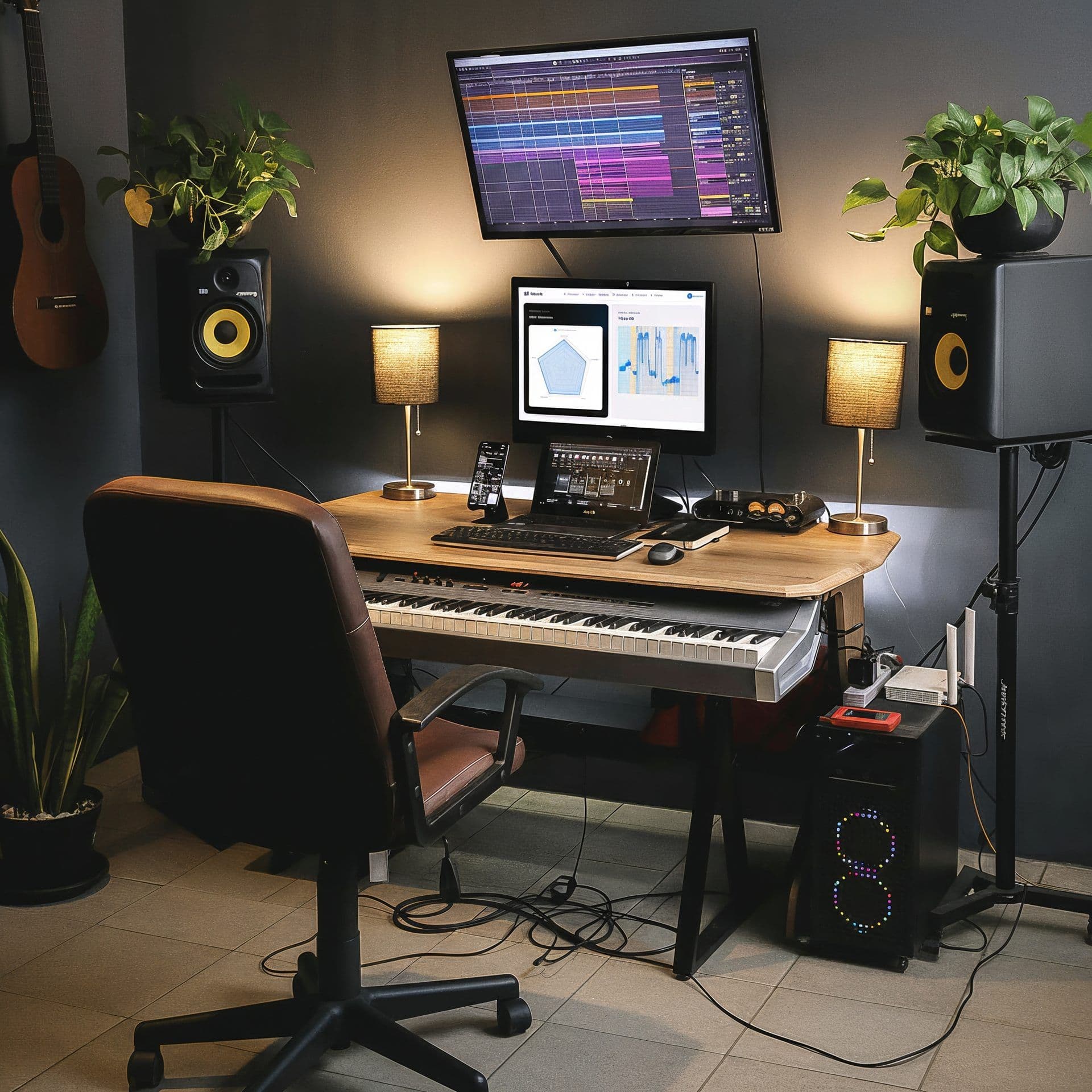 A bedroom producer studio with KRK Rokit monitors, dual screens running a DAW, MIDI keyboard, plants, and warm table lamps
